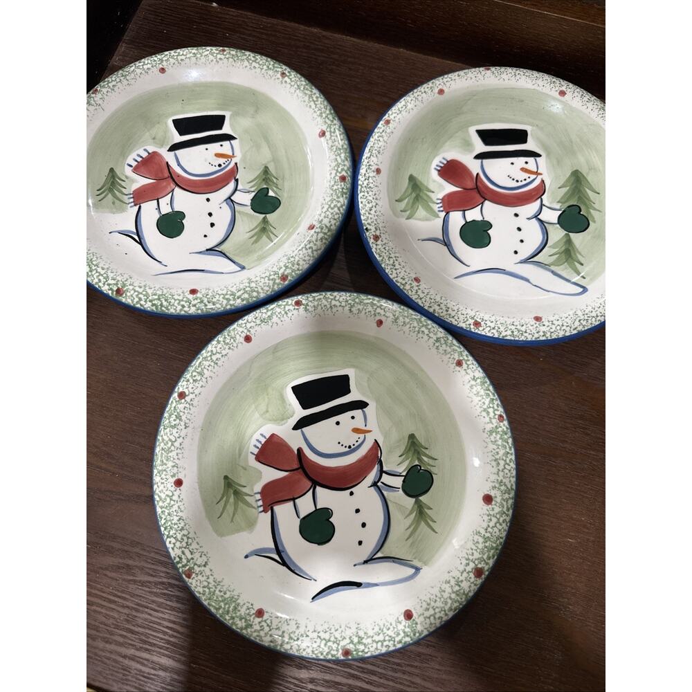 RARE Linens N Things Snowman Salad Plates (3) Green Speckled Rim (D-1)